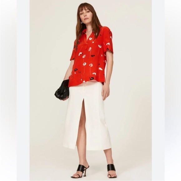 Jason Wu Top 2 Floral Collared Silk Shirt Red - Picture 2 of 13